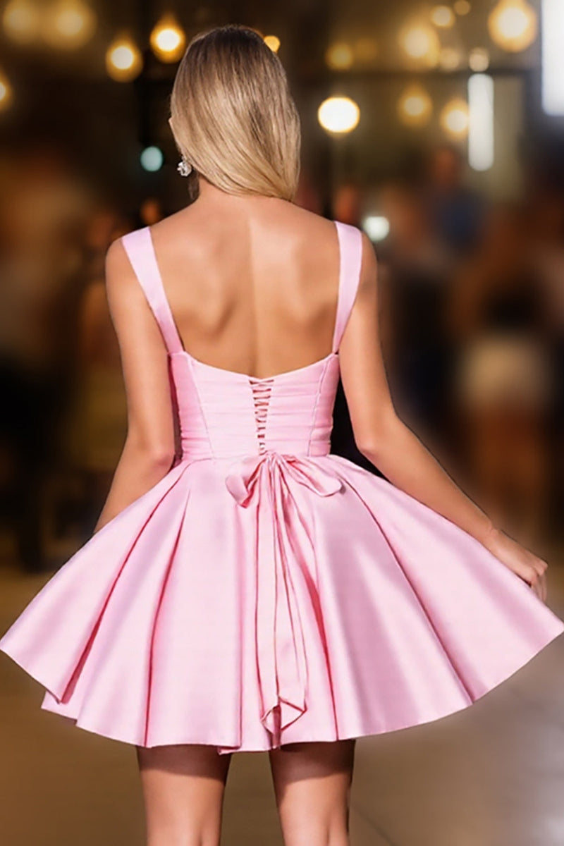 Load image into Gallery viewer, Pink Satin Ruched Deep V-Neck Short Prom Dress