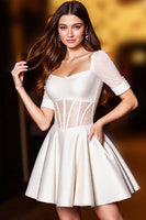 Load image into Gallery viewer, Glitter White A Line Short Corset Prom Dress with Bow