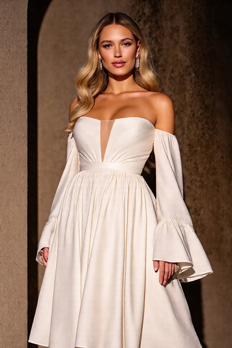 Load image into Gallery viewer, Ivory Strapless A Line Midi Prom Dress with Sleeves