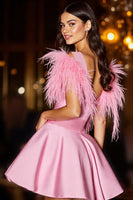 Load image into Gallery viewer, Pink V-Neck Satin Short Prom Dress with Feathers