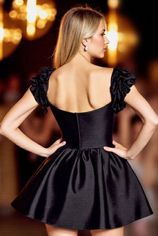 Black Corset Satin Short Prom Dress with Sleeves