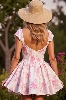 White Corset Floral Satin Short Prom Dress with Sleeves