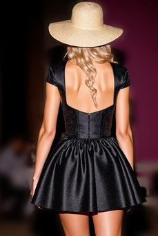 Black Corset Satin Cap Sleeves Short Prom Dress