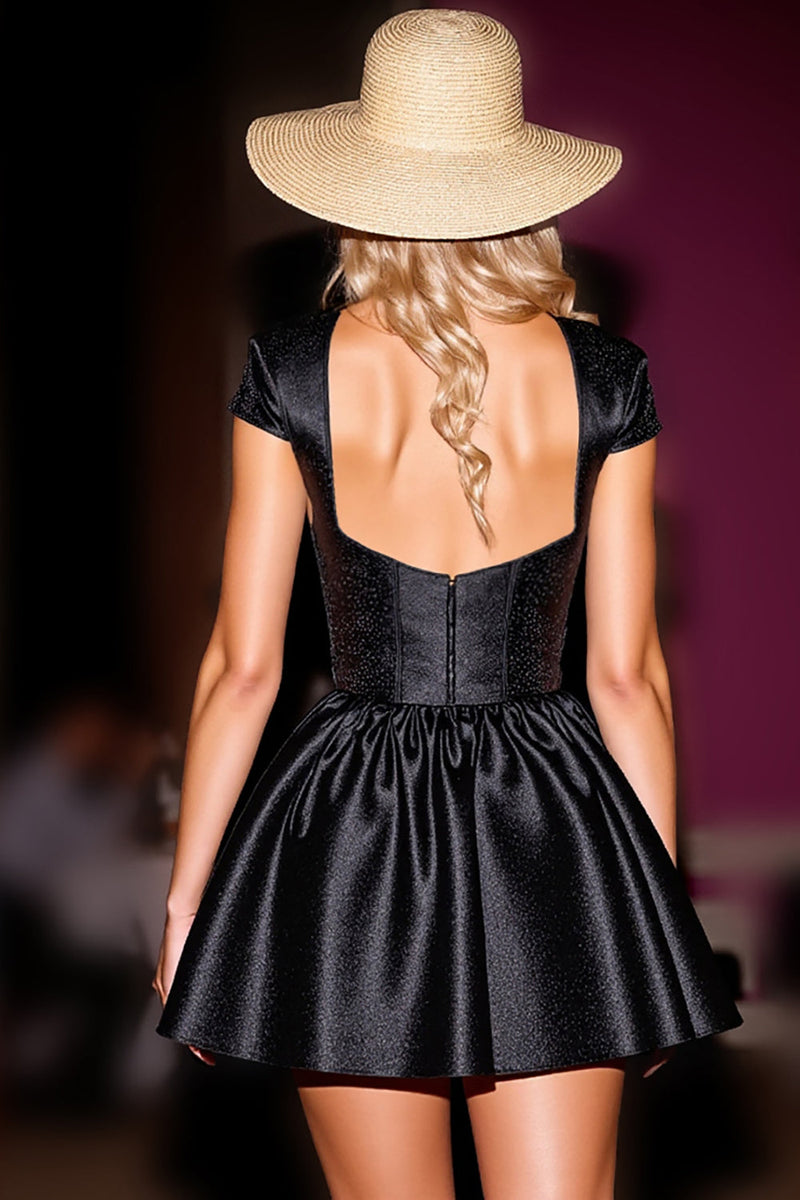 Load image into Gallery viewer, Black Corset Satin Cap Sleeves Short Prom Dress