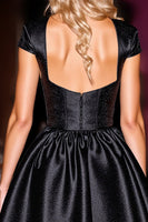 Load image into Gallery viewer, Black Corset Satin Cap Sleeves Short Prom Dress