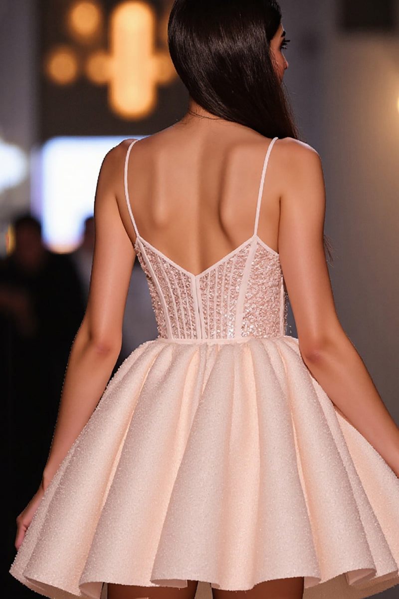 Load image into Gallery viewer, Sparkly Blush A Line Satin Short Corset Prom Dress with Beading