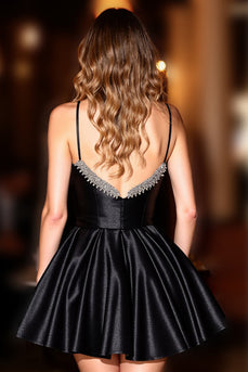 Sparkly Black A Line Satin Short Corset Prom Dress with Beading