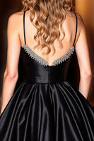 Load image into Gallery viewer, Sparkly Black A Line Satin Short Corset Prom Dress with Beading