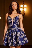 Load image into Gallery viewer, Navy Satin A Line Short Floral Prom Dress