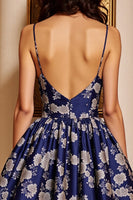 Load image into Gallery viewer, Navy Satin A Line Short Floral Prom Dress