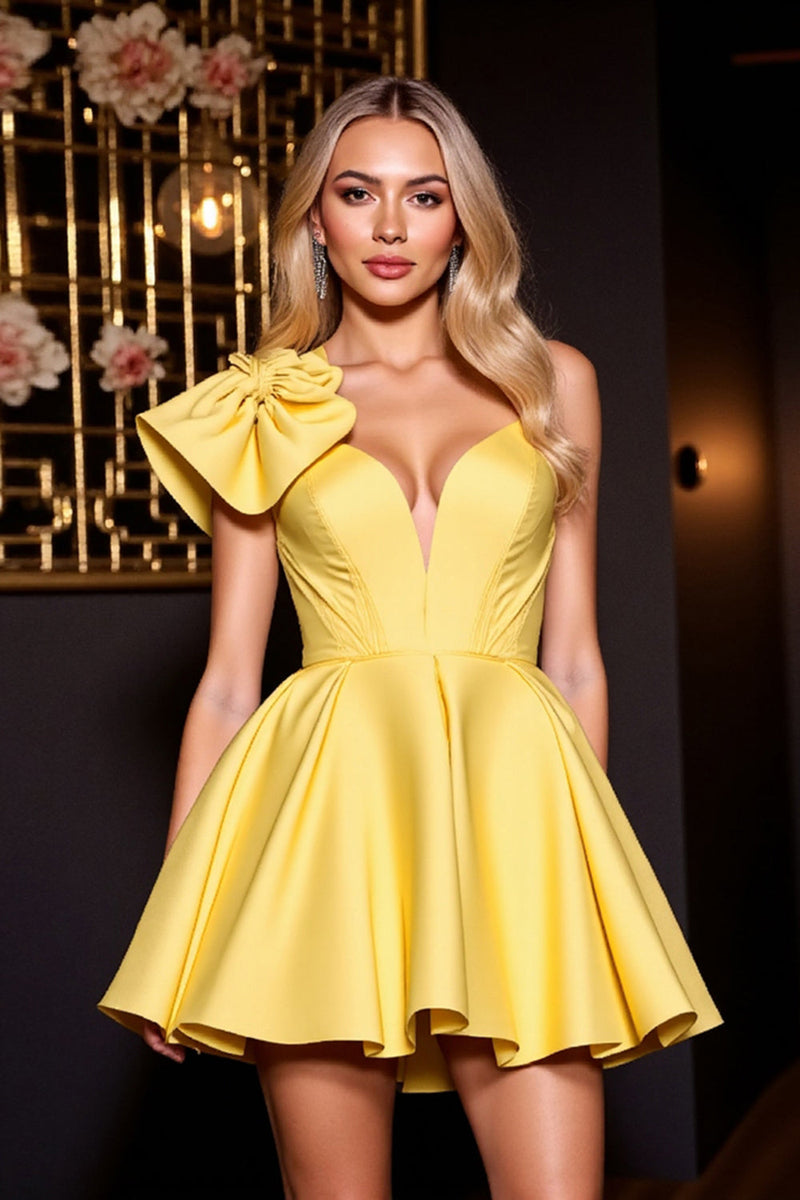 Load image into Gallery viewer, Yellow A Line Short Satin Prom Dress with Ruffles