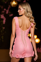 Load image into Gallery viewer, Pink Ruched Tight Short Prom Dress with 3D Flowers