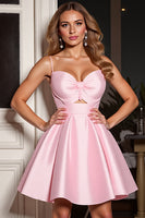 Load image into Gallery viewer, Pink Satin Cut Out A Line Spaghetti Straps Short Prom Dress
