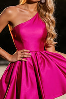 Load image into Gallery viewer, Fuchsia A Line One Shoulder Short Satin Prom Dress
