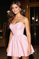 Load image into Gallery viewer, Pink Satin A Line Strapless Short Corset Prom Dress
