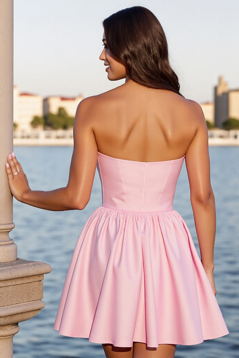 Load image into Gallery viewer, Pink Satin A Line Strapless Short Corset Prom Dress