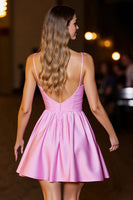 Load image into Gallery viewer, Pink Short Satin Spaghetti Straps A Line Corset Prom Dress