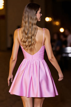 Pink Short Satin Spaghetti Straps A Line Corset Prom Dress