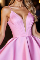 Load image into Gallery viewer, Pink Short Satin Spaghetti Straps A Line Corset Prom Dress