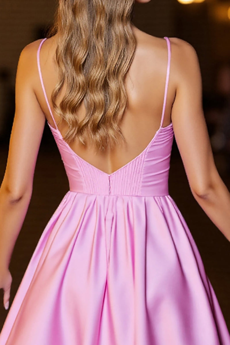 Load image into Gallery viewer, Pink Short Satin Spaghetti Straps A Line Corset Prom Dress