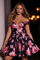 Load image into Gallery viewer, Black and Pink A Line Floral Short Satin Prom Dress
