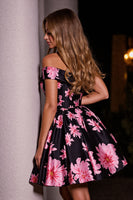Load image into Gallery viewer, Black and Pink A Line Floral Short Satin Prom Dress