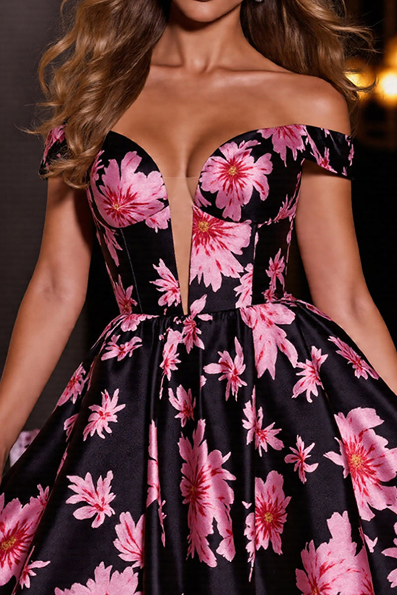 Load image into Gallery viewer, Black and Pink A Line Floral Short Satin Prom Dress