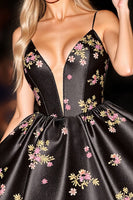 Load image into Gallery viewer, Black Satin A Line Short Floral Corset Prom Dress