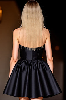 Black A Line Halter Satin Short Prom Dress
