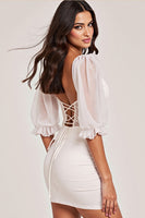 Load image into Gallery viewer, White Ruffled Bodycon Tie Front Short Prom Dress with Lace