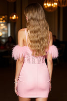 Load image into Gallery viewer, Pink Bodycon Corset Short Prom Dress with Feathers