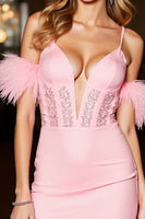 Load image into Gallery viewer, Pink Bodycon Corset Short Prom Dress with Feathers