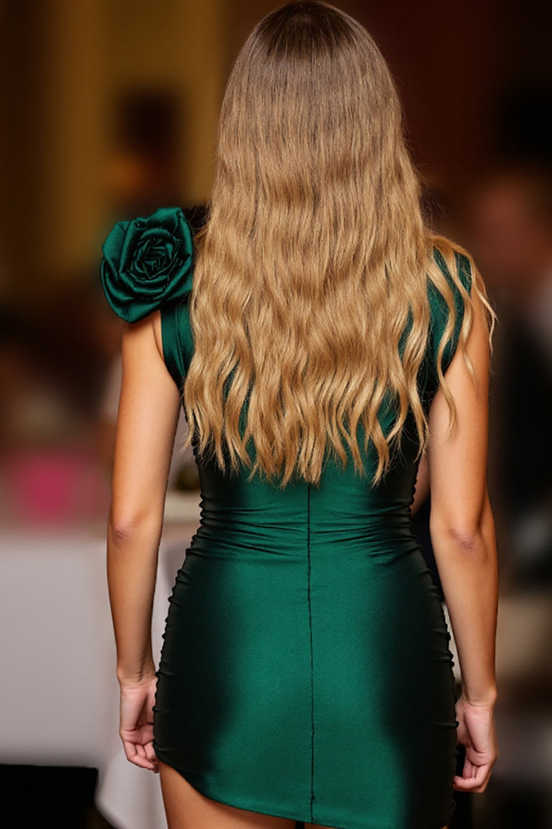 Queendancer Women Dark Green Satin Floral Short Prom Dress Bodycon V-Neck  Ruched Cocktail Dress – queendanceruk