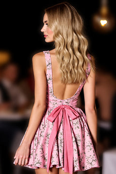 Pink A Line V-Neck Printed Short Prom Dress with Bow