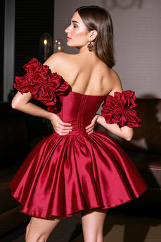 Burgundy A Line Satin Short Prom Dress with Ruffles