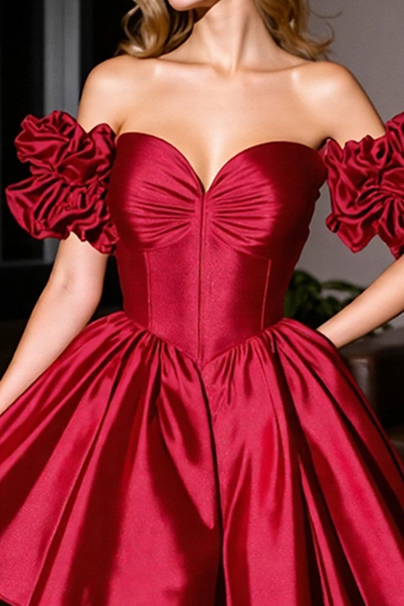 Load image into Gallery viewer, Burgundy A Line Satin Short Prom Dress with Ruffles
