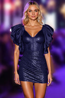 Load image into Gallery viewer, Sparkly Navy Sequin Corset Short Prom Dress with Ruffles