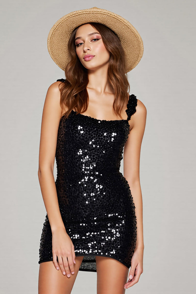 Load image into Gallery viewer, Sparkly Black Sequin Short Bodycon Prom Dress