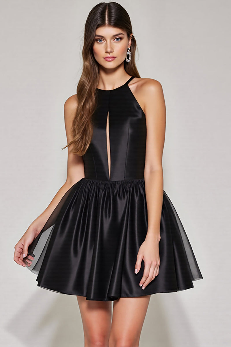 Load image into Gallery viewer, Black Halter A Line Short Prom Dress