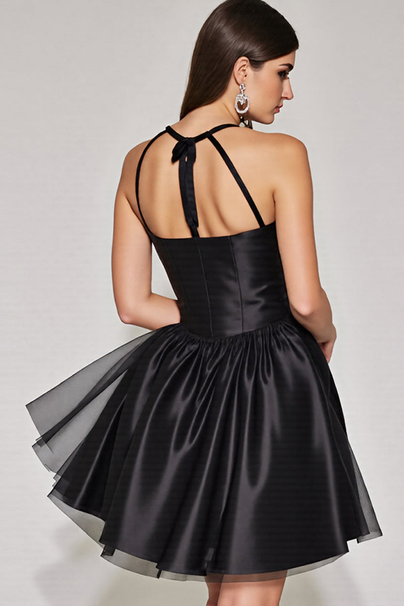 Load image into Gallery viewer, Black Halter A Line Short Prom Dress