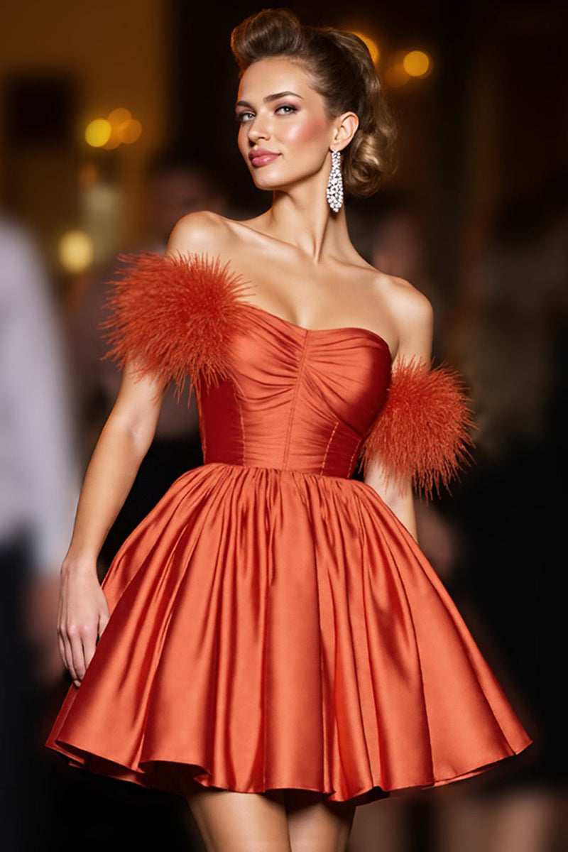 Load image into Gallery viewer, Orange Satin A Line Short Prom Dress with Feathers