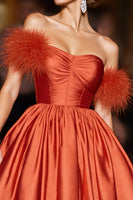 Load image into Gallery viewer, Orange Satin A Line Short Prom Dress with Feathers