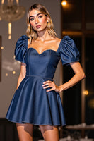 Load image into Gallery viewer, Dark Blue Short A Line Corset Prom Dress with Sleeves