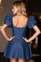 Load image into Gallery viewer, Dark Blue Short A Line Corset Prom Dress with Sleeves
