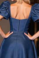 Load image into Gallery viewer, Dark Blue Short A Line Corset Prom Dress with Sleeves