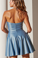 Load image into Gallery viewer, Blue A Line Strapless Short Satin Prom Dress