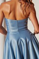 Load image into Gallery viewer, Blue A Line Strapless Short Satin Prom Dress