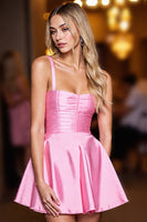 Load image into Gallery viewer, Pink A Line Spaghetti Straps Satin Short Prom Dress