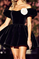Load image into Gallery viewer, Black Velvet A Line Floral Off the Shoulder Short Prom Dress