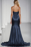 Load image into Gallery viewer, Dark Blue Spaghetti Straps Satin Maxi Formal Dress with Slit